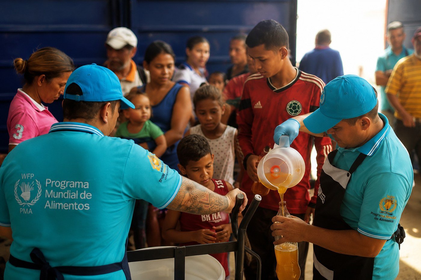 WFP volunteers pouring juice for a line of families and children at a food distribution in Colombia.