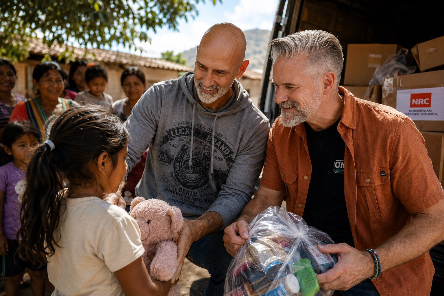 Two volunteers delivering a bag of food to a young girl holding a teddy bear, with a line of families and NRC aid boxes in the background.